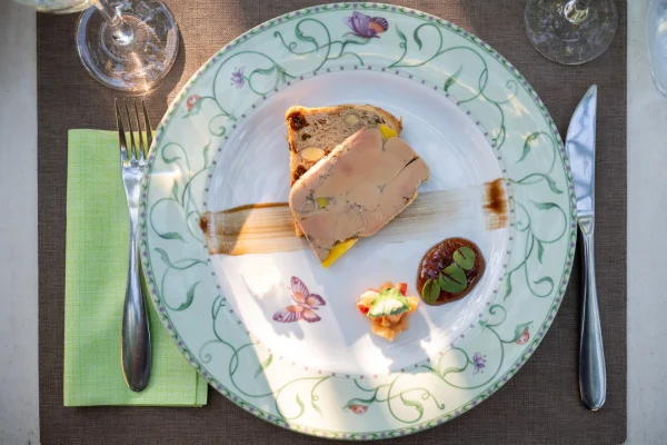 Plate of foie gras at the Auberge Médiévale d’Audrix restaurant