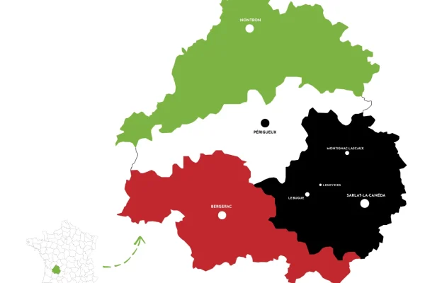 kaart die de 4 kleuren van de Périgord voorstelt